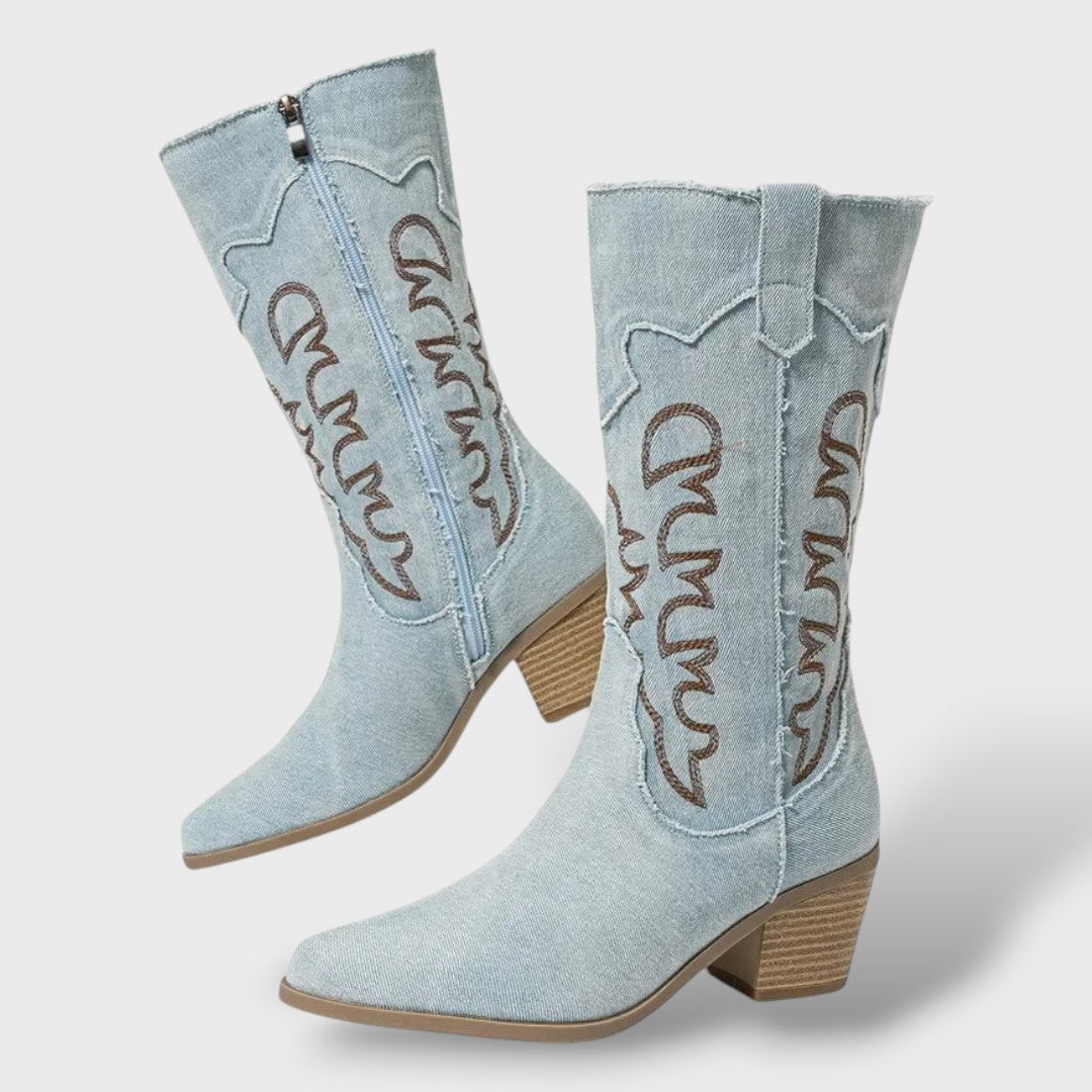 Botas Vaqueras de Mezclilla Bordadas